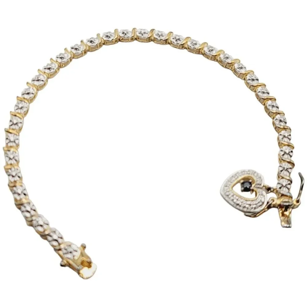 Sterling Silver Gold‎ Vermeil 925 Women’s Tennis Bracelet With Heart Charm 7